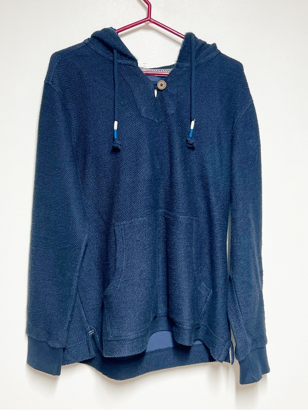 Fat Face Mens Navy Waffle knit Relaxed Fit Hoodie One Button Sz L